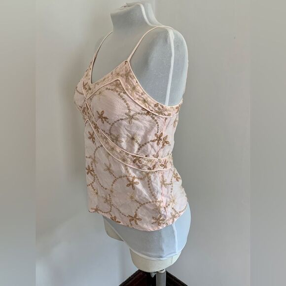 120% Lino Italy Floral 100% Linen Pink Tank Top embroidered 42 6 metallic corset - Picture 13 of 15